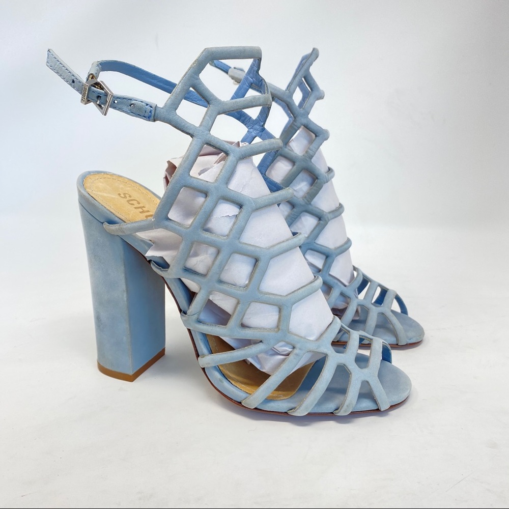 Schutz Jaden Baby Blue Cage Sandal Block Heels Size 6 - Picture 1 of 8